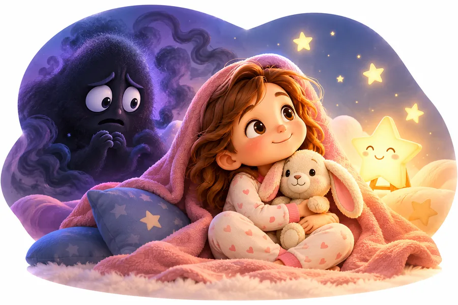 Mädchen mit Kuschelhase unter der Decke, ein kleines Angstmonster im Hintergrund