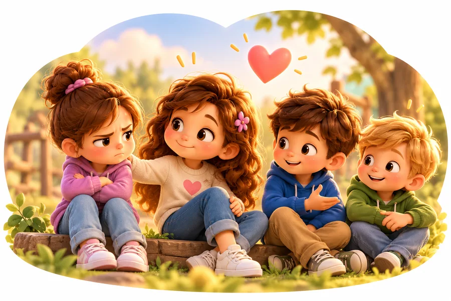 Kinder sitzen zusammen und versöhnen sich nach einem Streit